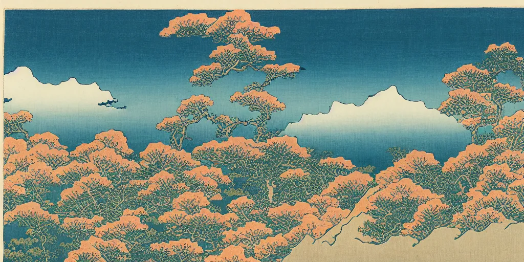 Image similar to mountain landscape with many flowers, by katsushika hokusai and mahmoud sai, intricate, sharp focus, detailed, lively colors, sky, water