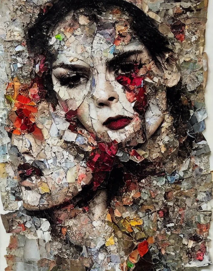 Prompt: romantic liquid synthesis harmony detailed analogue mixed media collage with canvas texture in style of contemporary art, punk art, hyperrealistic beautiful face, photorealistic, expressionism, masterpiece, perfect composition, spectacular quality torn paper, intricate oil details, broken glass
