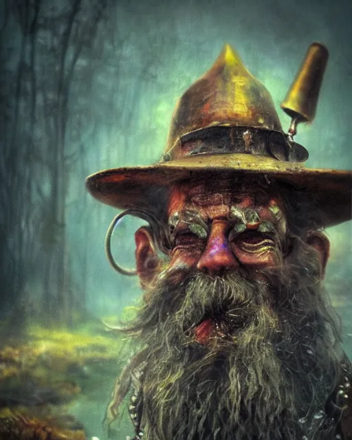 Prompt: a film still extreme close - up shot of an old steampunk wizard in a misty swamp by esao andrews. fallout. colorful, vibrant. trending on artstation