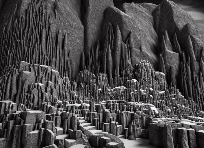 Image similar to the mines of moria. dwarven architecture carved out of the interior of a mountain. light from rivers of molten iron. immense open cavern with many levels of walkways spanning the void, stairs. drums in the deep. kingdom of dwarves. statues, geometric knot carvings, squared basalt support columns, photorealistic, 8 k, octane render