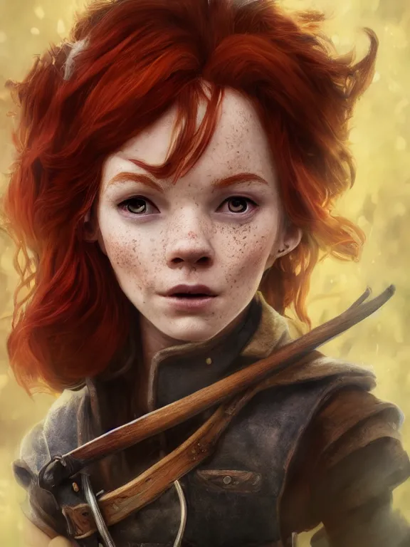 Prompt: portrait art of red - haired halfling bard 2 1 year old!! freckles!!, 8 k ultra realistic, atmosphere, glow, detailed, intricate, full of colour, cinematic lighting, trending on artstation, 4 k, hyperrealistic, focused, extreme details, unreal engine 5, cinematic, masterpiece