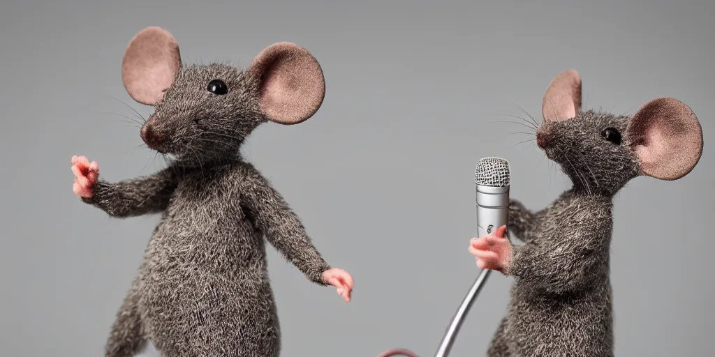Image similar to a mouse singing with a microphone in it's hands'macro photography, studio light