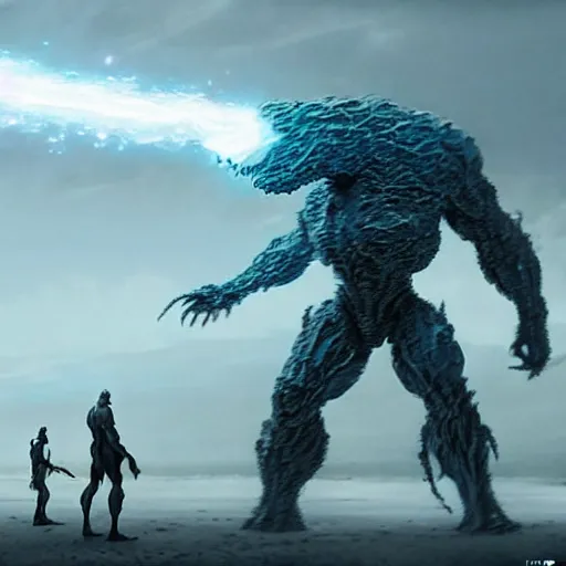 Image similar to opal by jakub rozalski, chaos golem still frame from mcu movie, nuclear crystal construct by wayne barlowe, crystal golem fighting vast army by jakub rozalski, opal lightning elemental by benicio del toro