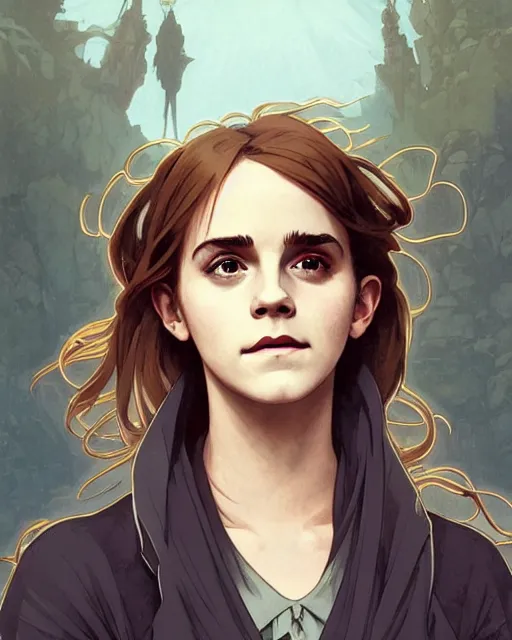 Image similar to Poster artwork, Emma Watson as Hermione Granger, medium shot, details, sharp focus, illustration, by Jordan Grimmer and Alphonse Mucha and greg rutkowski and PiNe(パイネ) and 薯子Imoko and 香川悠作 and maya takamura, intricate, beautiful, Trending artstation, pixiv, digital Art