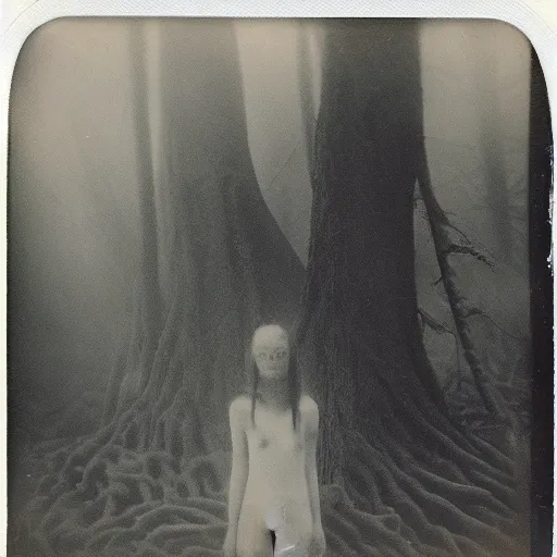 Prompt: an ancient evil-girl on a mysterious fractal forest devouring the human souls, mist, 1910 polaroid photography, grainy film, Black and white