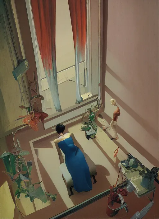 Image similar to time does not exist anymore by edward hopper and james gilleard, zdzislaw beksinski, overgrown vegetation, open ceiling, highly detailed, painted by francis bacon, painted by james gilleard, airbrush, ilya kuvshinov, wlop, stanley artgerm, very coherent, people of color, art by takato yamamoto and james jean