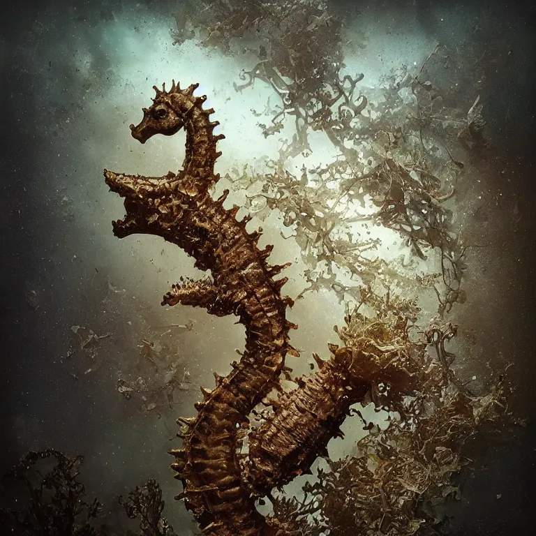 Prompt: seahorse, dusty, underwater,!! bokeh, old tintype, realistic armoured tree made of leaves, dramatic light, dystopian environment, intricate, elegant, highly detailed, headdress, artstation, sharp focus, artgerm, tomasz alen kopera, peter mohrbacher, donato giancola, boris vallejo, frank frazetta