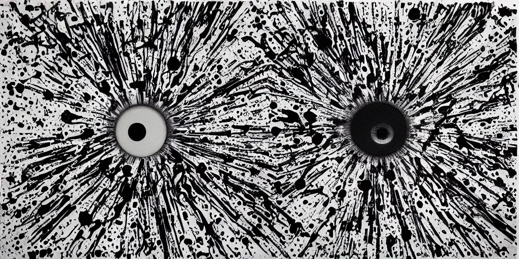 Image similar to deconstructed eye camo, technical, acrylic, centered burst, teeth, eerie, tribal, clay, dotting, lines, stipple, points, cybernetic, style of old painting, francis bacon art, sleep paralysis, hypnosis, eerie, terror, oil, neon, black and white, splotches, colorful dots, ominous, abstract