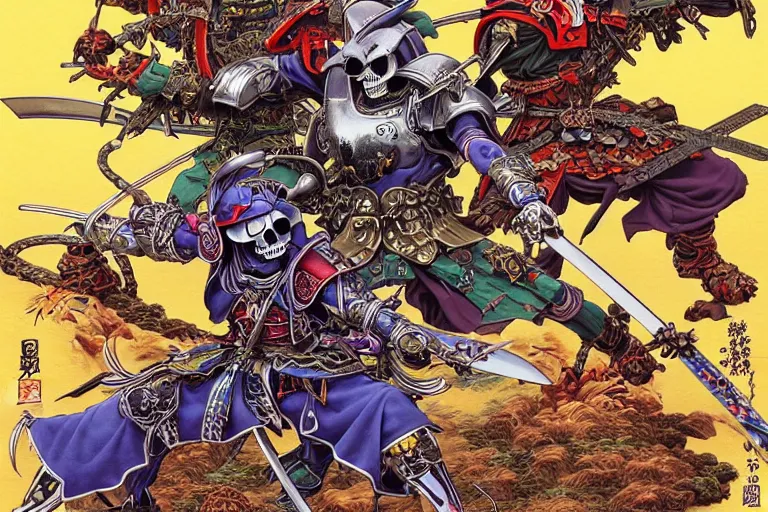 Image similar to portrait of two crazy skeletor samurais battle each other, with japanese armor and helmet, by yoichi hatakenaka, masamune shirow, josan gonzales and dan mumford, ayami kojima, takato yamamoto, barclay shaw, karol bak, yukito kishiro