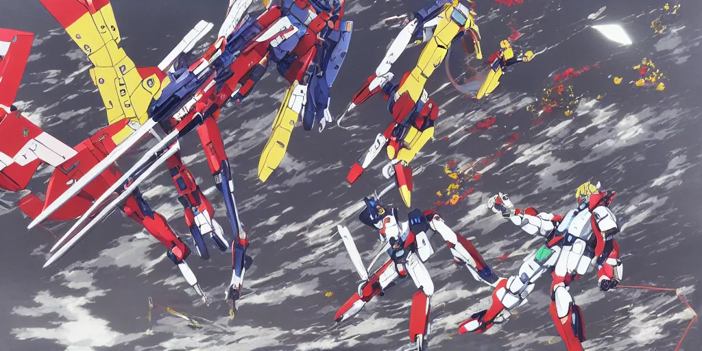 Image similar to illustration of gundam action figures on a badminton court by ilya kuvshinov katsuhiro otomo