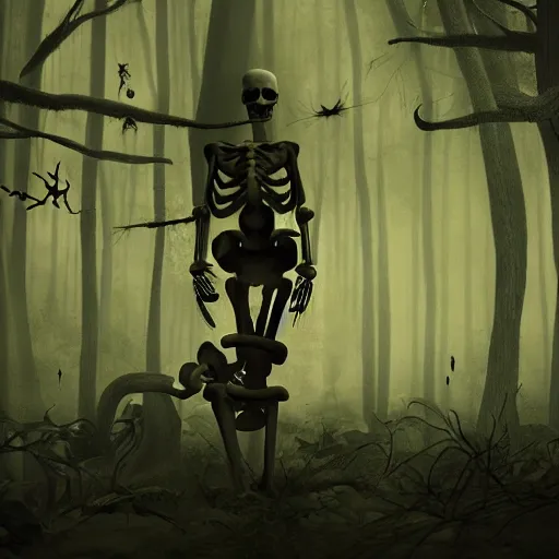 Image similar to a spooky skeleton, LSD, stylish, cool, low light, misty forest, mood lighting, cgsociety