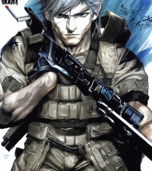 Image similar to solid snake by yoshitaka amano, final fantasy metal gear cover art