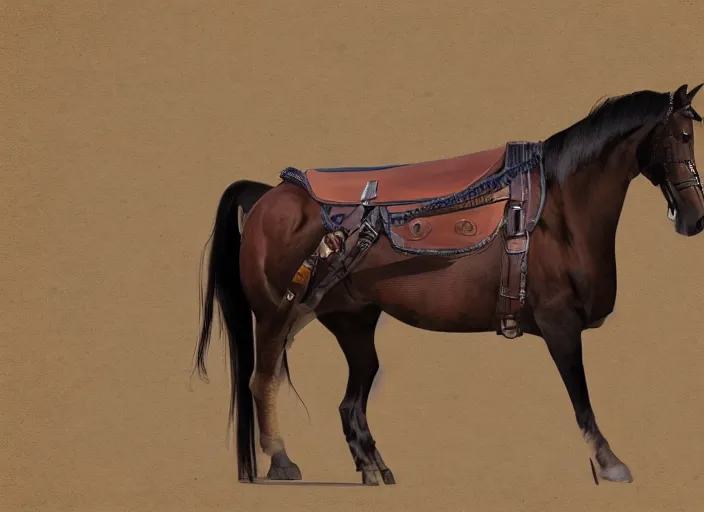 Image similar to concept art of algie skinned stallion, carrying a saddle bag, digital art, photo realistic, highly detailed