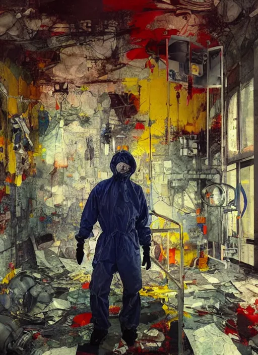 Image similar to an exhausted doctor in a hazmat suit, inside an old Romanian hospital room, gothic, rich deep colors. intricate artwork in the style of Adrian ghenie and James jean, part by Gerhard Richter, highly detailed, very coherent, rich colours