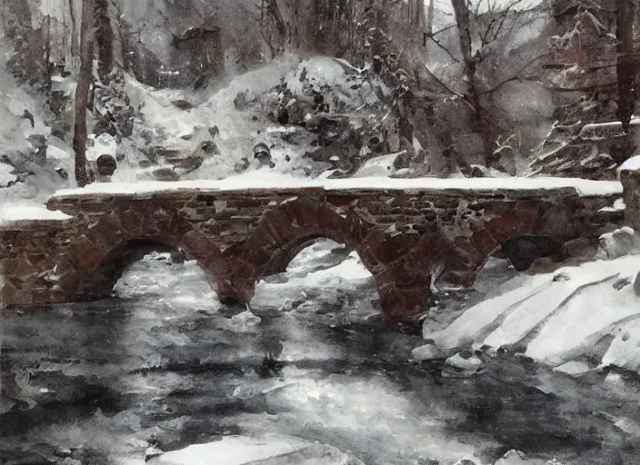 Image similar to watercolor of rustic stone bridge winter landscape, glistering, high detailed art by dennis miller bunker, work by anders zorn, wonderful masterpiece by greg rutkowski, beautiful cinematic light, american romanticism by greg manchess, creation by tyler edlin