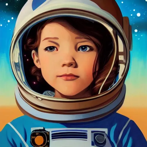 Image similar to a painting of a little girl with short wavy curly light brown hair and blue eyes, floating in space. she is an astronaut, wearing a space suit. beautiful detailed face line art by ilya kuvshinov and