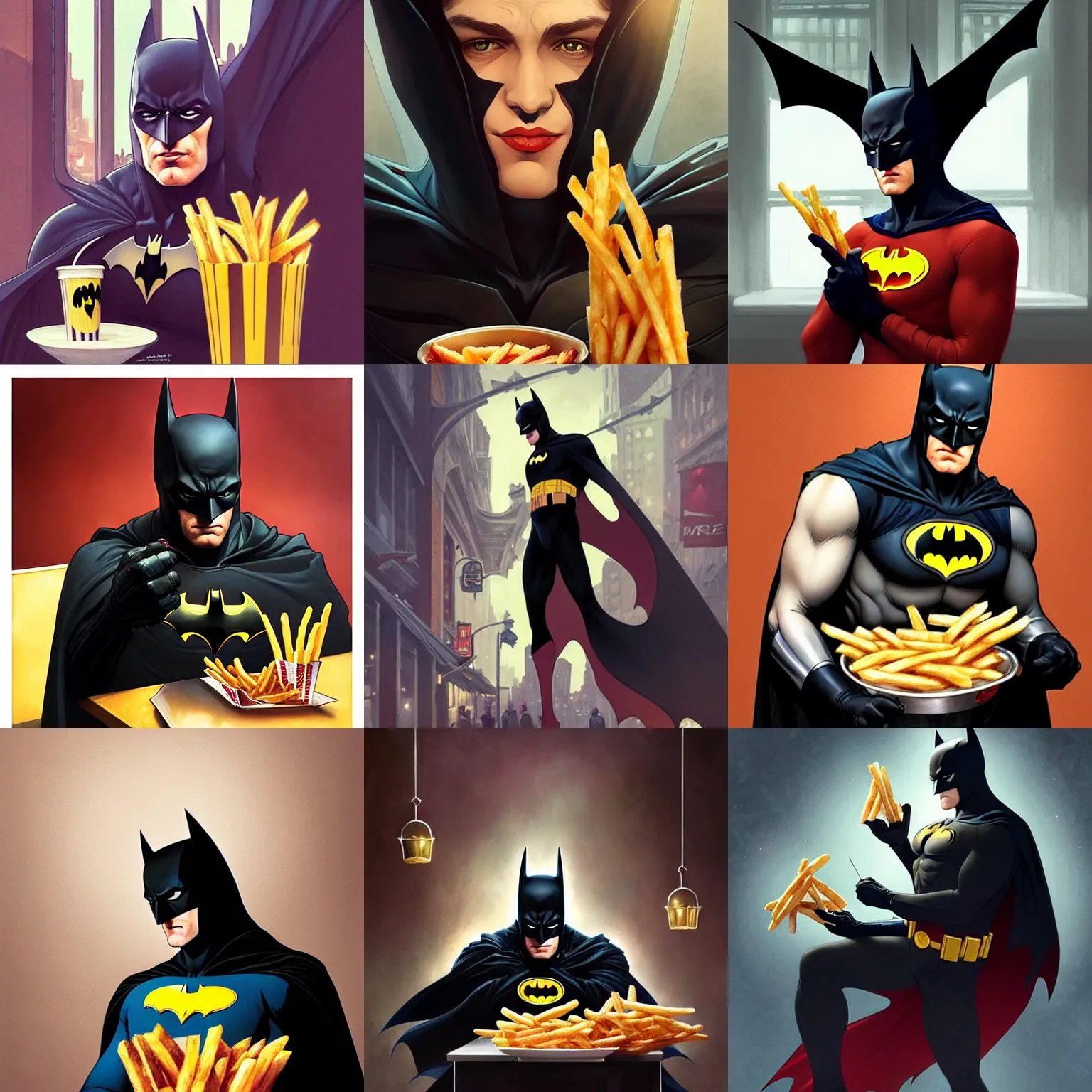 Prompt: beautiful illustration of batman in mcdonalds eating french fries, highly detailed, digital painting, artstation, concept art, sharp focus, illustration, art by artgerm and greg rutkowski and alphonse mucha