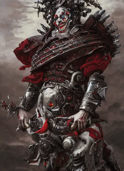 Prompt: portrait of a diabolical cyborg clown samurai slaying a dragon, torn cape, adaptive armor, dynamic pose, heavy eyes to the side, ancient ruins, glowing veins subsurface scattering, in clouds, sunset, portrait, by gerald brom, by mikhail vrubel, by peter elson, muted colors, extreme detail, reflections, trending on artstation, 8 k