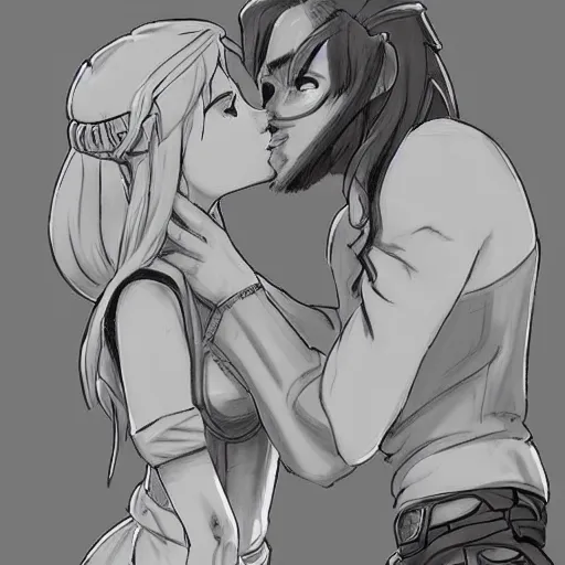 Image similar to female link and malon kissing, concept art, highly detailed