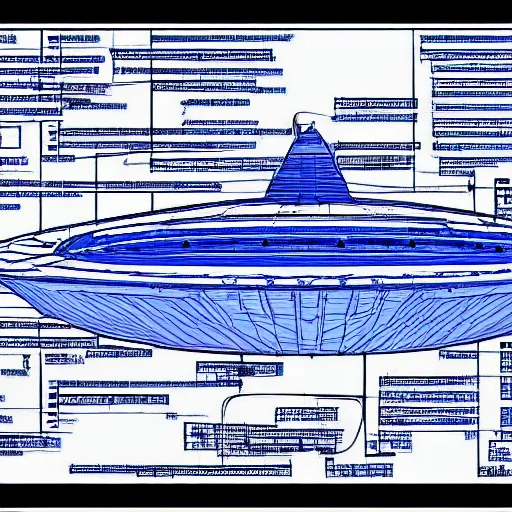 Prompt: a detailed blueprint of an advanced UFO spacecraft, blue lines, high contrast