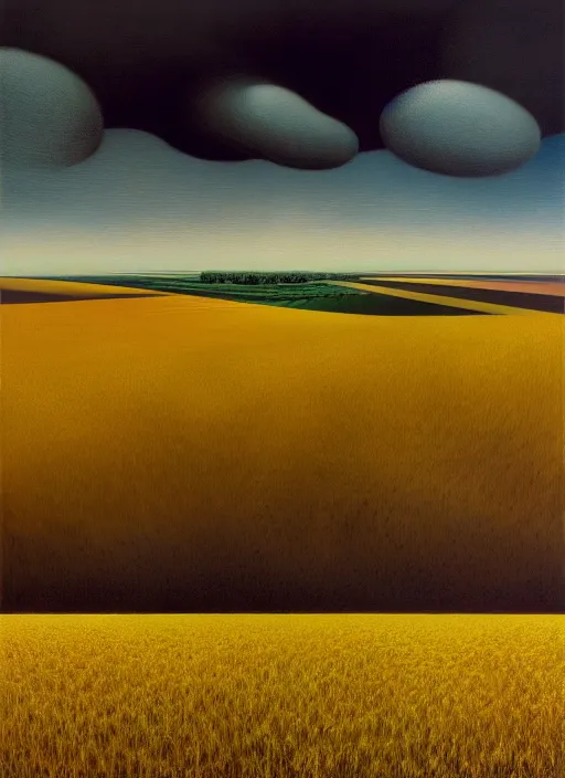 Image similar to hyper detailed 3d render like a Oil painting - the endless plains, light and shadow, yellow wheat fields and electric poles, by Jacek Yerka, Mariusz Lewandowski, Houdini algorithmic generative render, Abstract brush strokes, Masterpiece, Edward Hopper and James Gilleard, Zdzislaw Beksinski, Mark Ryden, Wolfgang Lettl, hints of Yayoi Kasuma, octane render, 8k