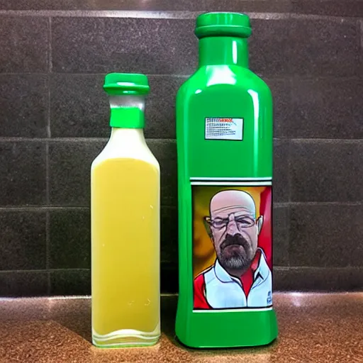 Prompt: Walter White cooking oil bottle