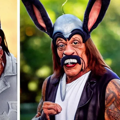 Image similar to Danny Trejo as Bugs Bunny from Looney Tunes, live action movie, set photo in costume, cosplay, photograph