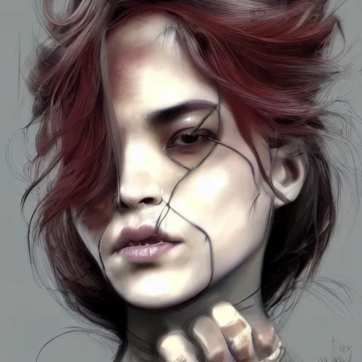 Image similar to portrait of a Shibari rope wrapped face and neck, headshot, insanely nice professional hair style, dramatic hair color, dark skin tones, digital painting, of a old 13th century, traveler, amber jewels, baroque, ornate clothing, scifi, realistic, hyperdetailed, chiaroscuro, concept art, art by Franz Hals and Jon Foster and Ayami Kojima and Amano and Karol Bak,