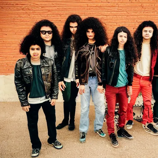 Image similar to Group of ethnically diverse 19-year-old boys and girls with long permed wavy brown hair and afros leather jacket and denim jeans, holding electric guitars, 2022, stoner rock, heavy rock, retro metal, HD photography