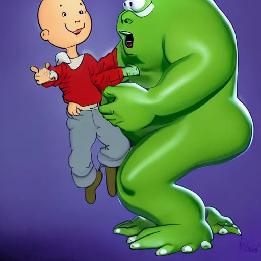 Prompt: slimer from ghostbusters kissing caillou, hyper realistic, digital art, high quality, high resolution