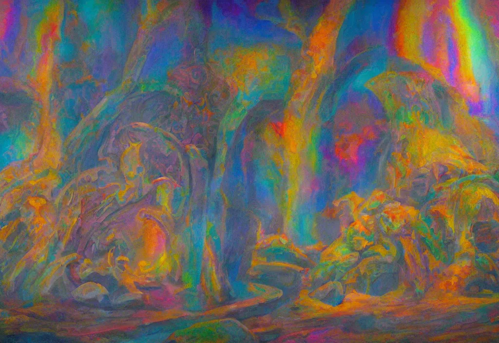 Image similar to iridescent temple of sleep advanced architecture dreamer mythos phantasms, award winning oil painting, polychromatic spectrum