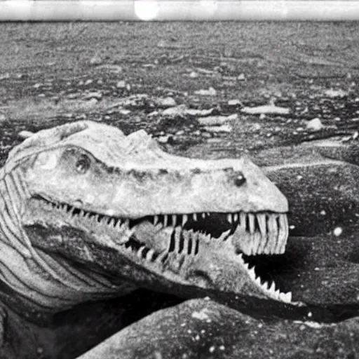 Prompt: a mummified t-rex corpse found in the artic ice and snow, taken by a ww2 camera.