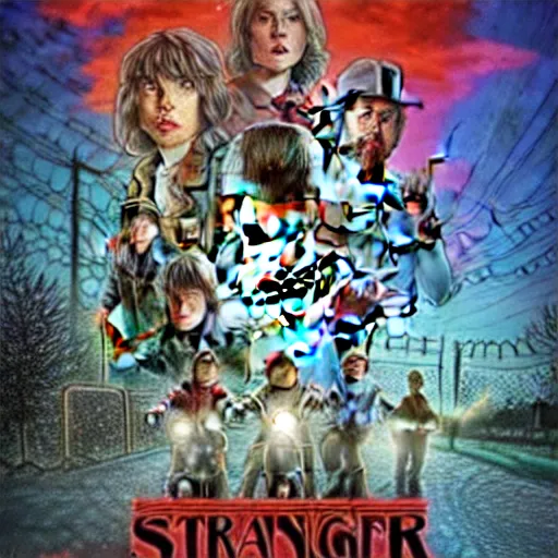 Image similar to stranger things in the style of an alec monopoly painting