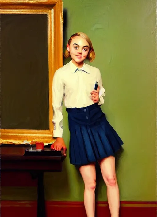 Prompt: oil painting of annasophia robb in a learning uniform, stockings, teaching you a lesson by Bryan Lee O'Malley, Edward Hopper, Francis Bacon