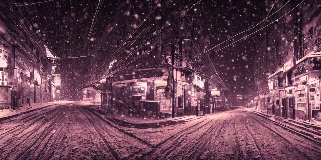 Image similar to a city street at night, snowing, photograph, cyberpunk, sharp focus, intricate detail, Desolate, drone shot, high resolution, 8k, neon streetlights, wires hanging down everywhere