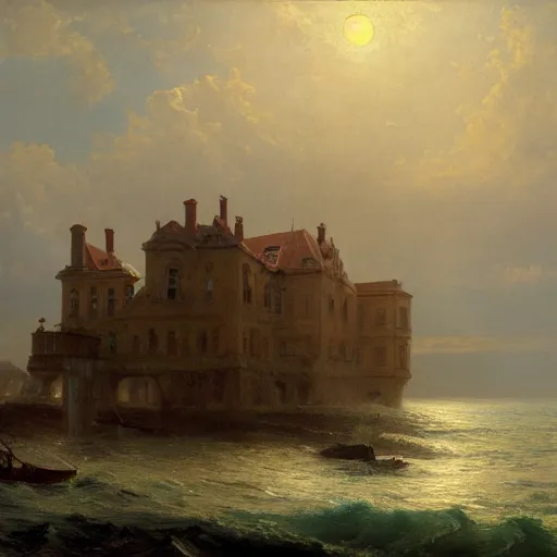 Prompt: a painting of a large mansion on the edge of the sea by andreas achenbach, sunset, featured on artstation, fantasy art, matte drawing, matte painting, artstation hq