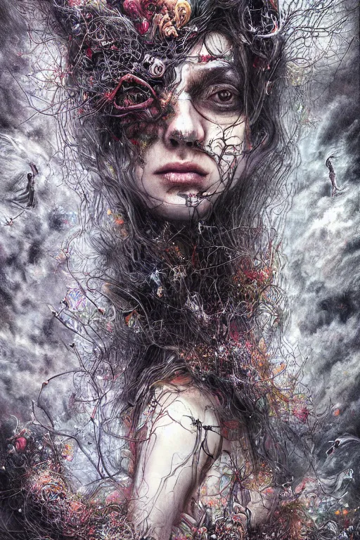 Image similar to pure chaos of the mind by mahmoud farshchian, mia brownell, very detailed,, hyper realism, cyberpunk shading, cinematic composition, photorealistic, wide shot
