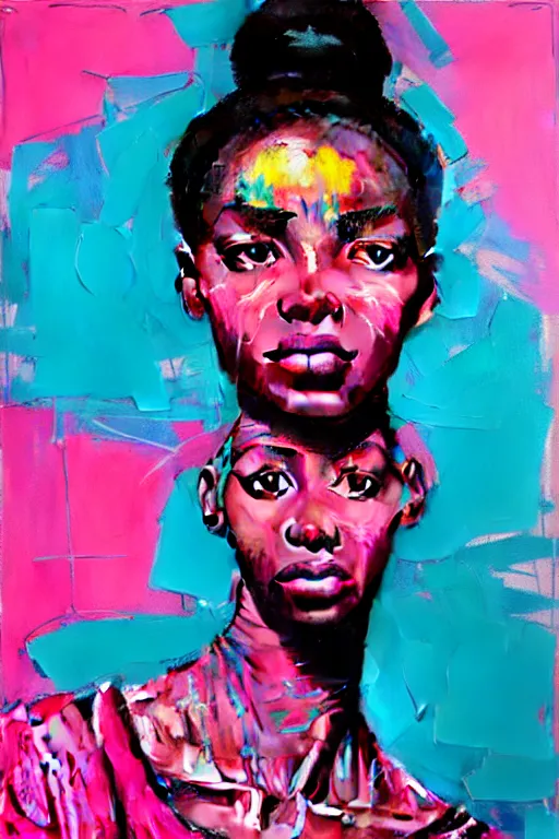 Image similar to portrait of a stylized african young lady with a story to tell, painted in acrylic, pigment textures, wet paint, in the colors hot pink and cyan, beautiful realistic face, rule of thirds, spotlight, by greg rutkowski, by jeremy mann, by francoise nielly, by van gogh, by ross tran, in focus