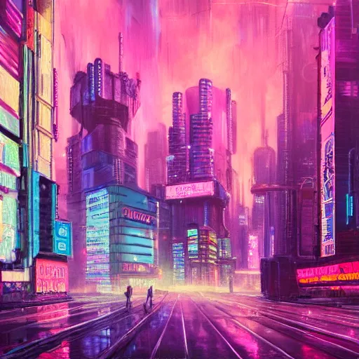 Prompt: an impressionist oil painting of a cyberpunk city with a lot of neon signs, highly detailed, texture, masterpiece, trending on artstation, pink, purple, huge scale, beautiful, isometric projection