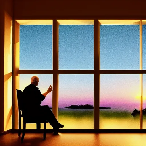 Image similar to A very old man, sitting in a chair in front of a window, looking out at a beautiful sunset award winning photograph