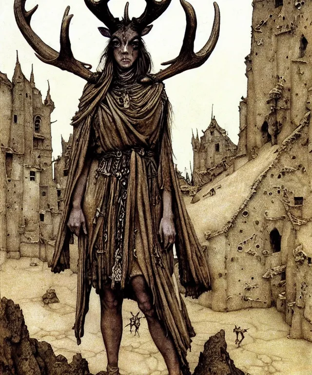 Image similar to A detailed horned antelopewoman stands by the medieval village. Wearing a ripped mantle, robe. Perfect faces, extremely high details, realistic, fantasy art, solo, masterpiece, art by Zdzisław Beksiński, Arthur Rackham, Dariusz Zawadzki