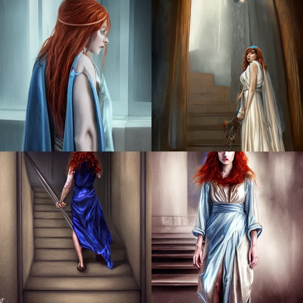 Prompt: maiden with copper hair, in blue and silver rustic wedding robes with metallic inlays, walking down a marble stairwell, realistic, mysterious lighting, muted colors, fog, highly detailed, digital painting, Artstation trending, illustration, art by popular realism artstation, deviantart, old masters