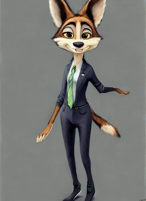 Image similar to oil painting of detailed full body of anthromorphic female wolf, in style of zootopia, zootopia, zootopia, fursona, furry, furaffinity, 4 k, deviantart, furry art, fursona art, wearing black business suit, business suit, in style of zootopia, wolf fursona, cyberpunk, female, expressive detailed feminine face,