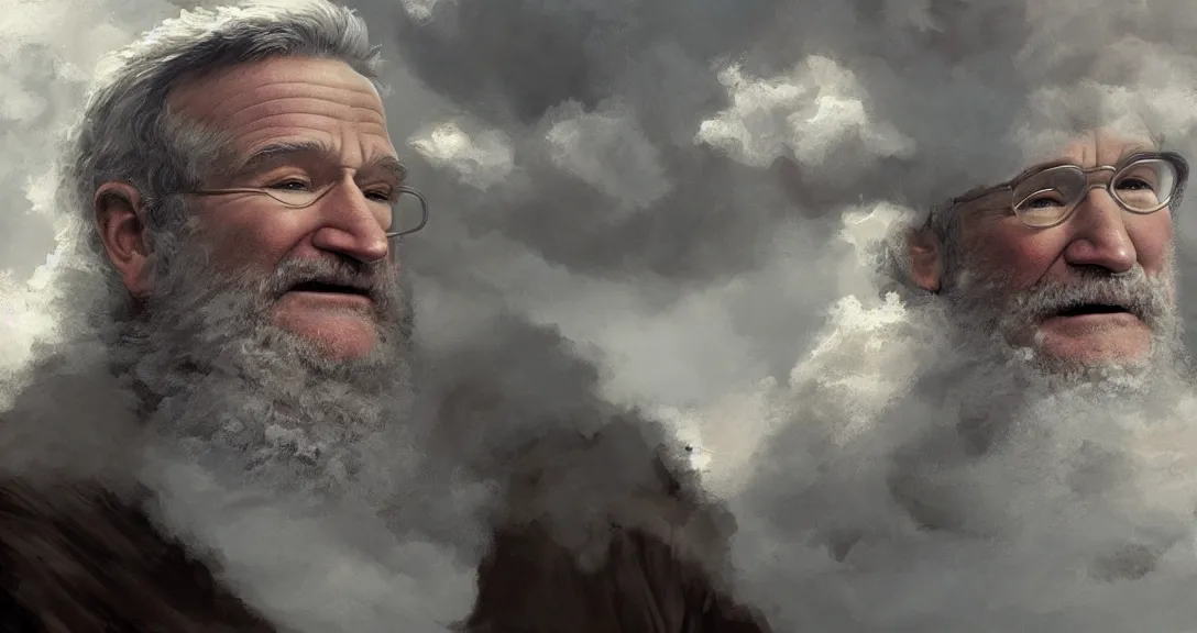 Image similar to robin williams is god, white beard, clouds, heaven, blue eyes, white robe, intricate, detailed, volumetric lighting, scenery, digital painting, highly detailed, artstation, sharp focus, illustration, concept art, ruan jia, steve mccurry