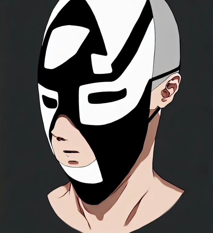 Image similar to white man with black fabric mask, short dark hair, true anatomy!, digital painting, art by hayao miyazaki