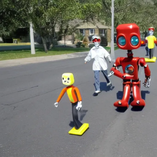 Image similar to in the style of 1960s, A scary robot is chasing after a bunch of scared kids down the street, fully detailed , fully detailed kids faces in focus