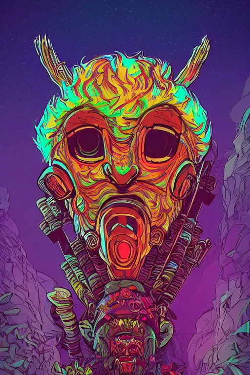 Image similar to totem animal tribal chaman vodoo mask feather gemstone plant wood rock video game illustration vivid color borderlands by josan gonzales and dan mumford radiating a glowing aura