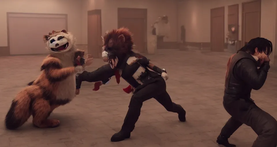 Image similar to nicolas cage beating up furry cosplayers, 8 k, octane render, choreographed fight scene, composition, shot by director park chan - wook