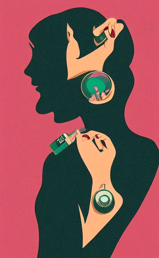 Prompt: illustration with hand holding beautiful bottle of perfume near nose, sniffing the aroma, an art deco painting by tom whalen, trending on behance, art deco, digital illustration, storybook illustration, grainy texture, flat shading, vector art, airbrush, pastel, watercolor, poster