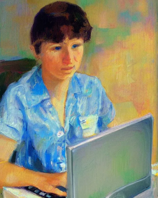 Prompt: an impressionist oil portrait of a young teacher of computer science with a computer, colorful, high resolution